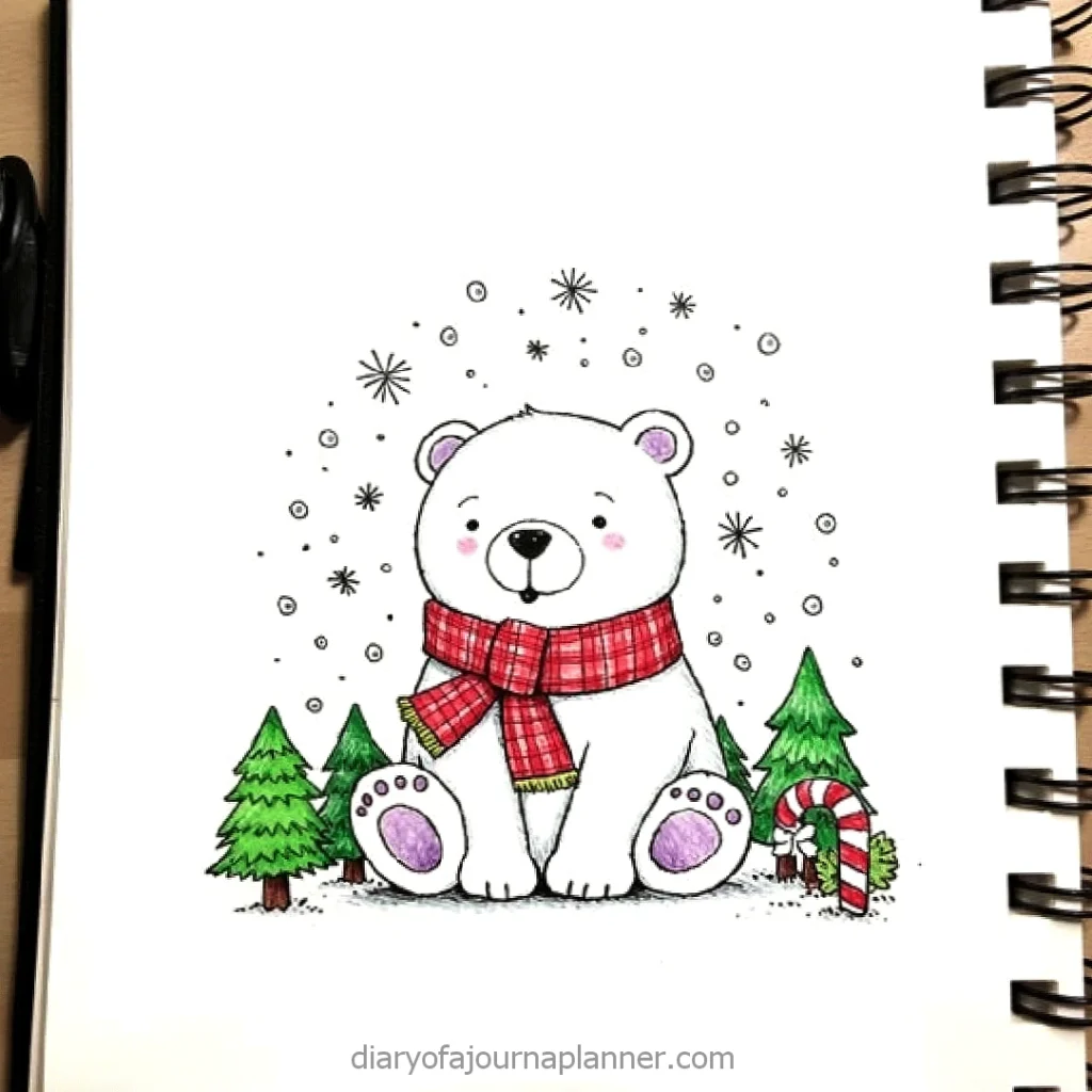 Cute winter polar bear drawing with a red scarf, surrounded by snowflakes and Christmas trees on a sketchbook page.