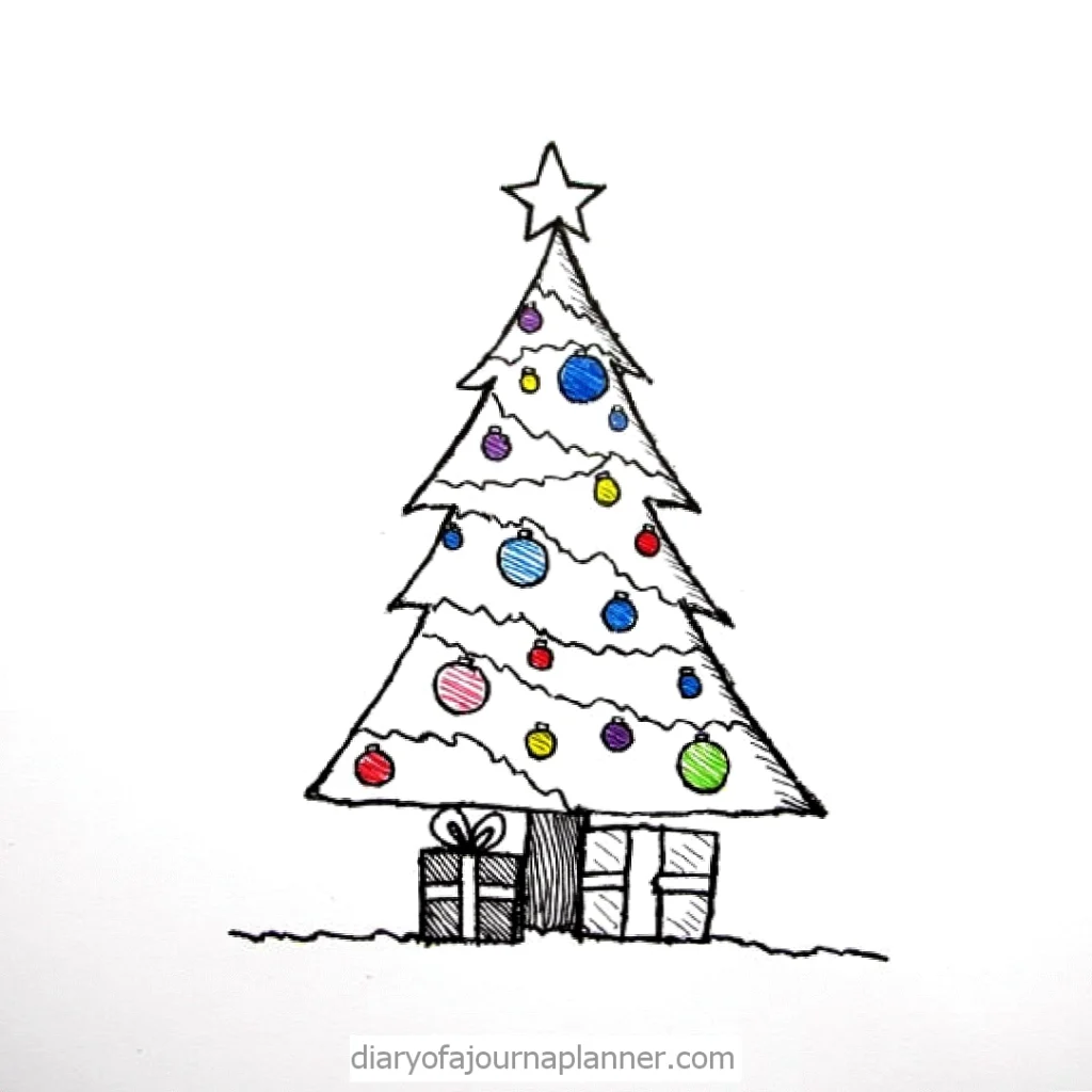 Colorful doodle Christmas tree with ornaments and star, surrounded by wrapped gifts.