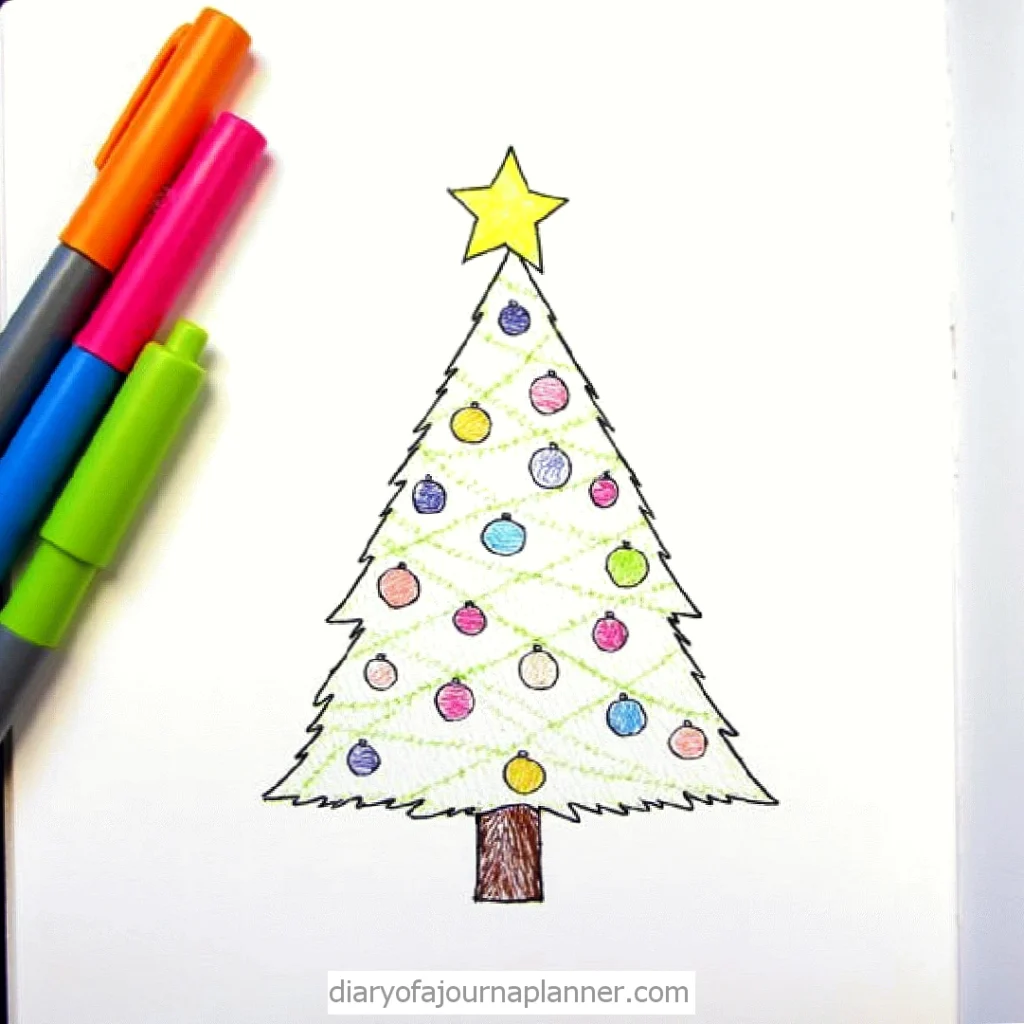 Colorful Christmas tree drawing with ornaments and star, next to colored markers on a white background.