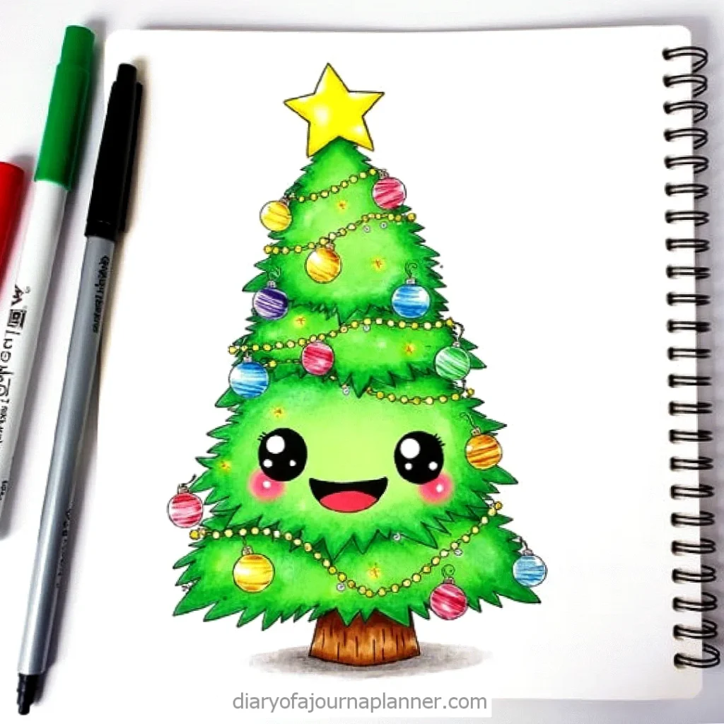 Cute kawaii Christmas tree drawing with colorful baubles and star, next to markers on a spiral notebook.
