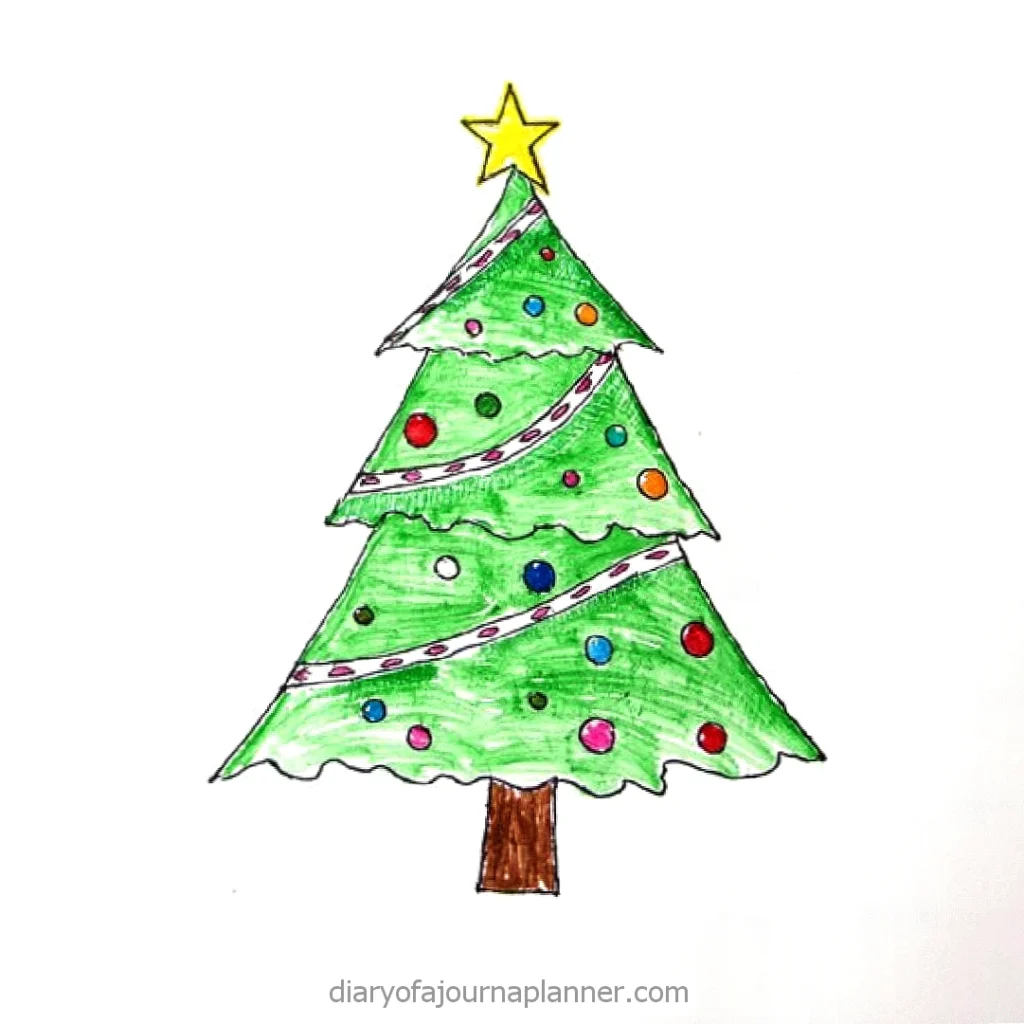 Colorful Christmas tree drawing with ornaments, garlands, and a star on top. Perfect holiday illustration.