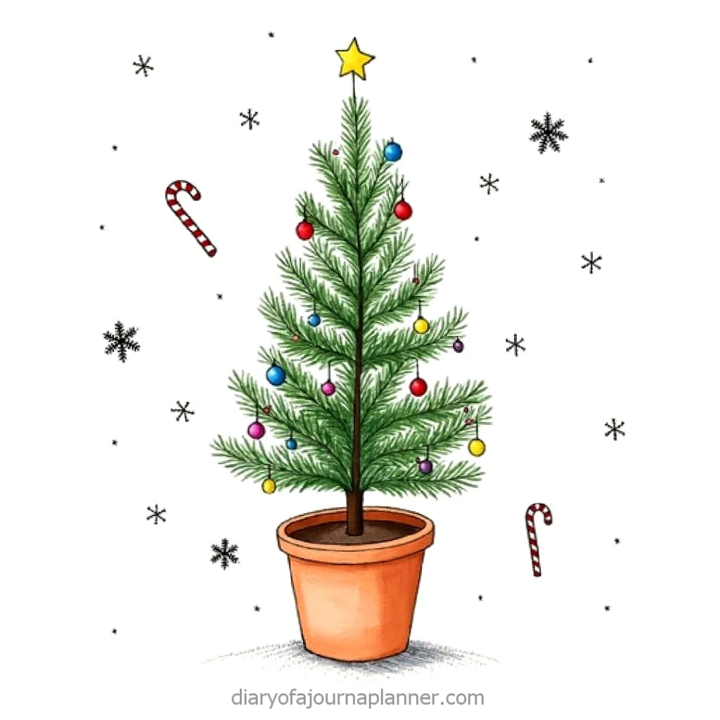 Potted Christmas tree with star and ornaments, surrounded by candy canes and snowflakes. Perfect holiday decor illustration.