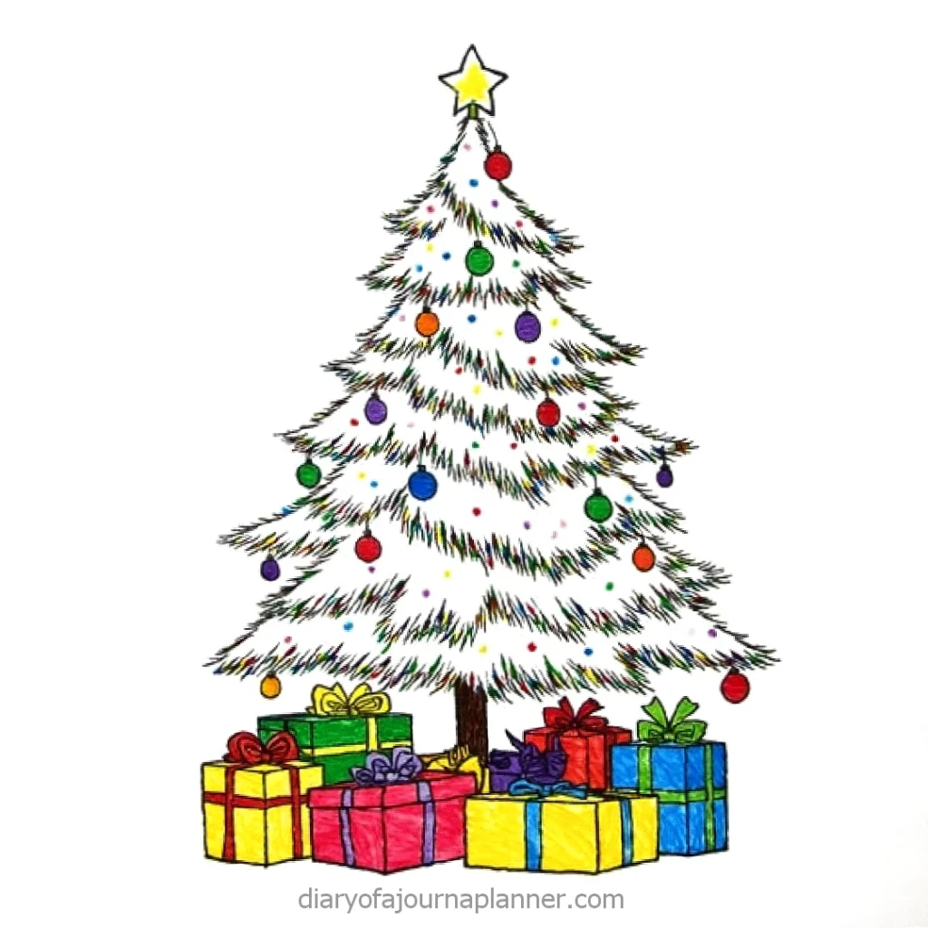 Colorful Christmas tree with star topper, ornaments, and wrapped gifts underneath. Festive holiday decoration illustration.
