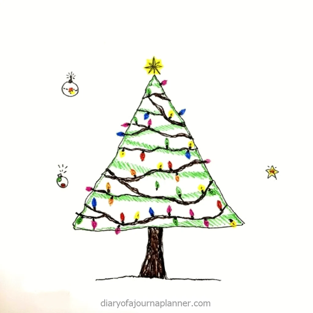 Hand-drawn Christmas tree with colorful lights and ornaments on white background.