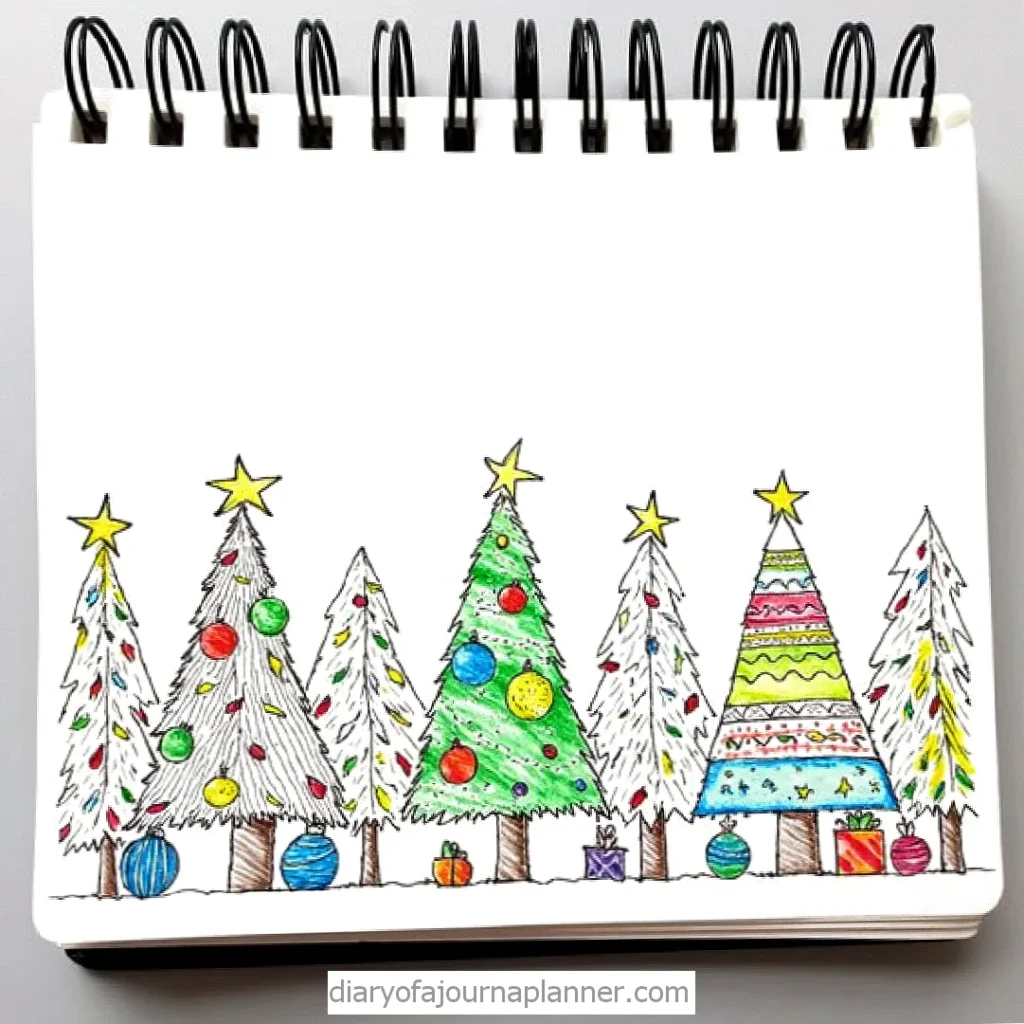 Colorful Christmas trees sketch on a spiral notebook page with festive ornaments and stars.