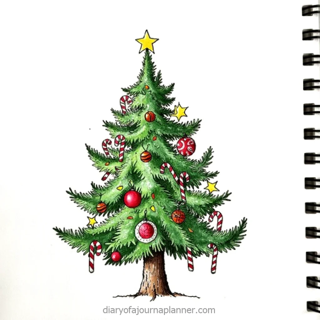 Illustrated Christmas tree with ornaments, candy canes, and stars, perfect for festive holiday decorations.