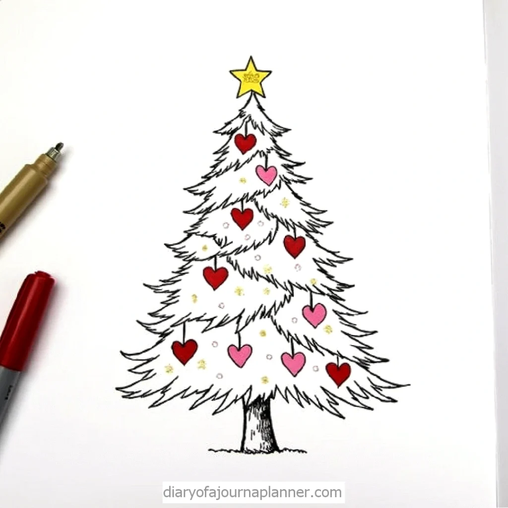 Illustrated Christmas tree with heart ornaments and a yellow star on top, seen with red and gold markers.