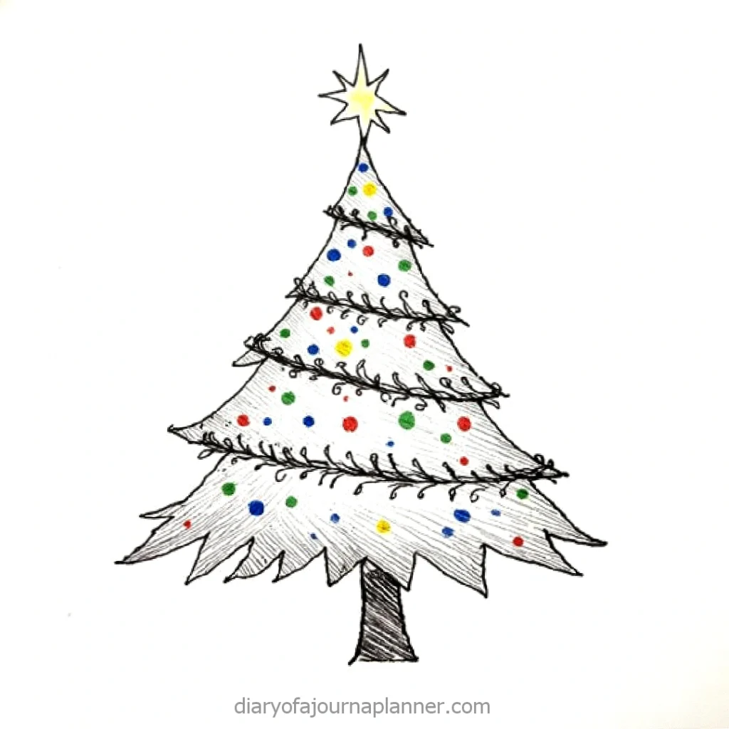 Hand-drawn Christmas tree with colorful ornaments and star on top. Playful festive doodle art.