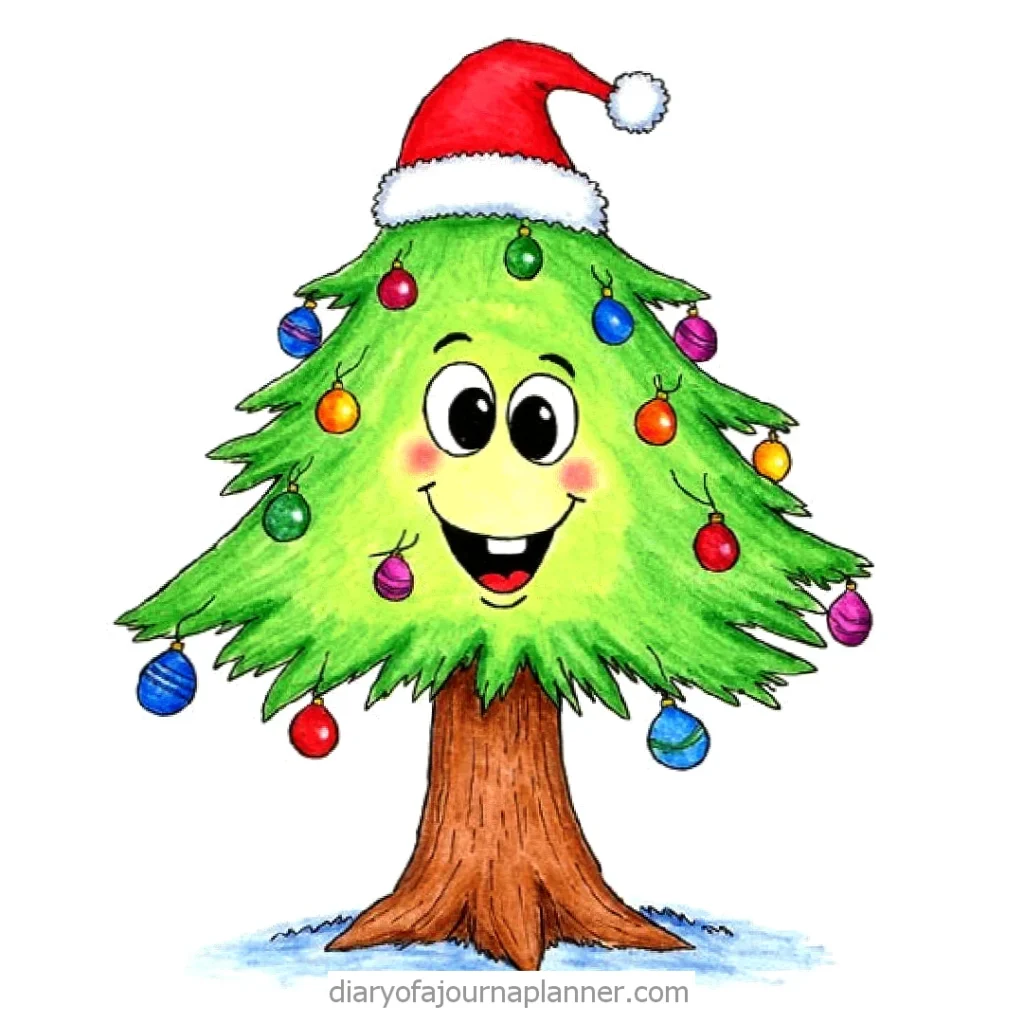Smiling cartoon Christmas tree with Santa hat and colorful ornaments.