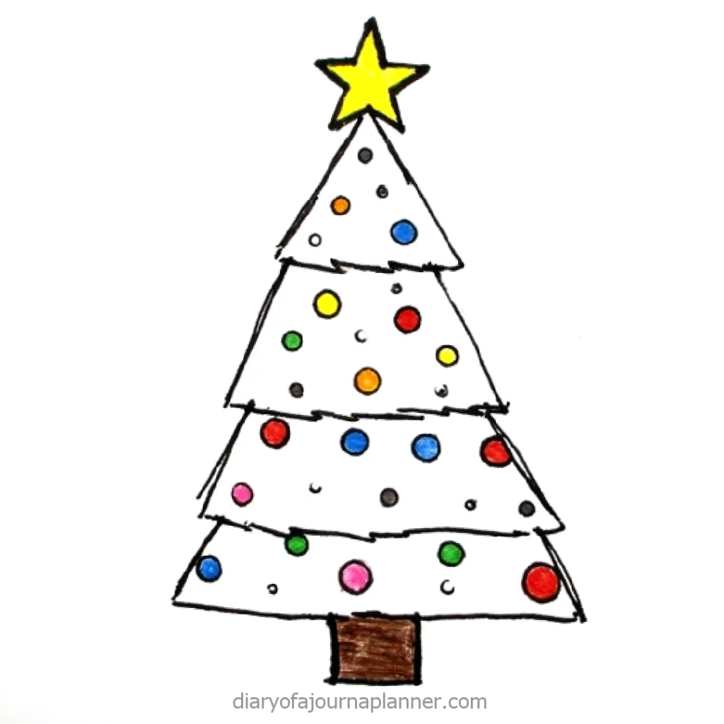 Illustrated Christmas tree with colorful ornaments and a star on top.