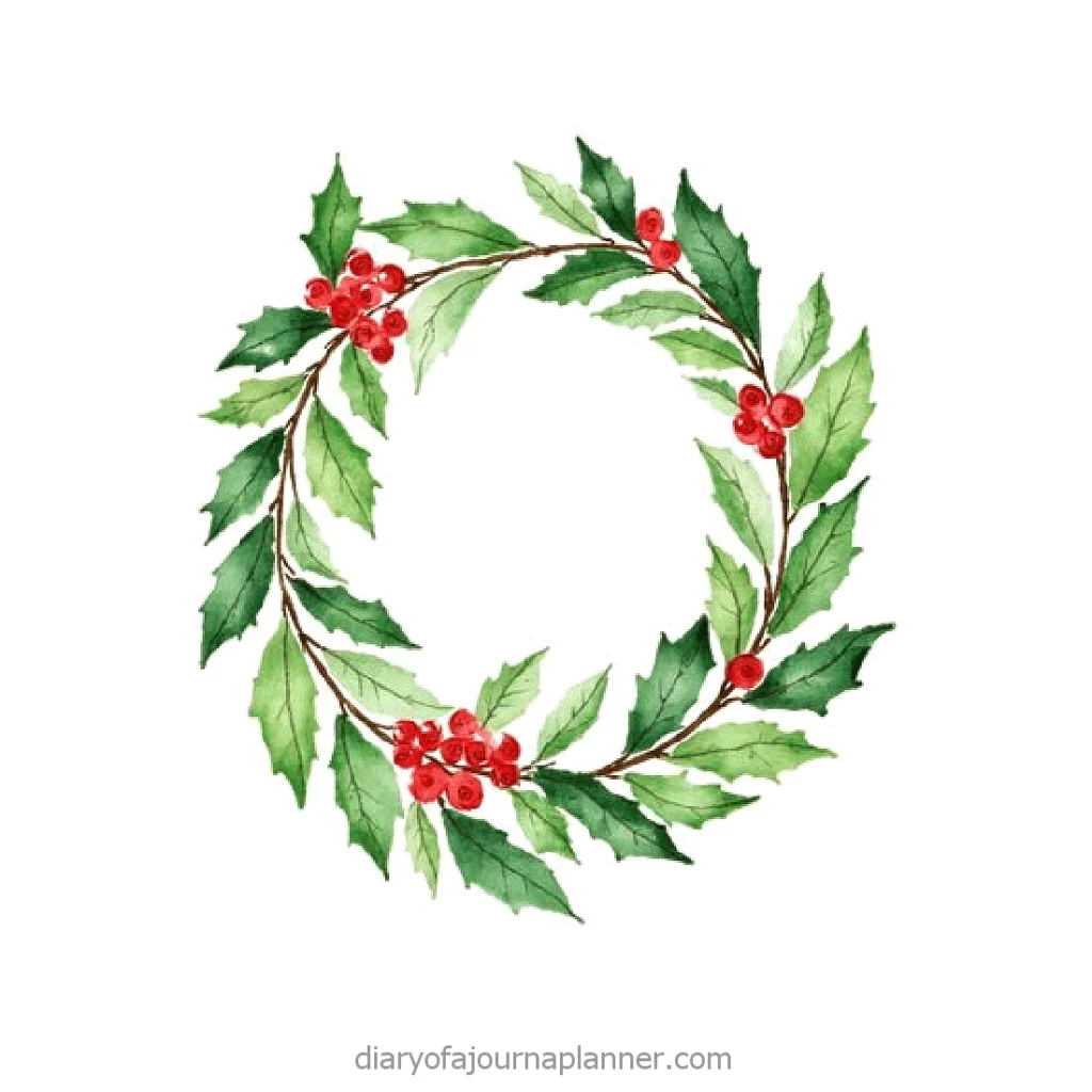 Watercolor Christmas wreath with green leaves and red berries on a white background.