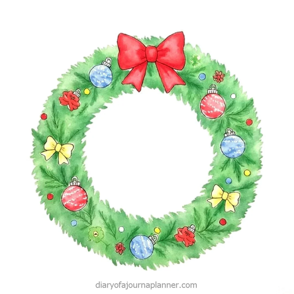 Festive Christmas wreath with red bow, colorful ornaments, and yellow ribbons on green foliage.