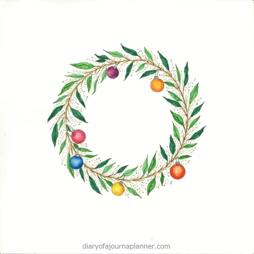 Festive watercolor wreath with green leaves and colorful ornaments on a white background.