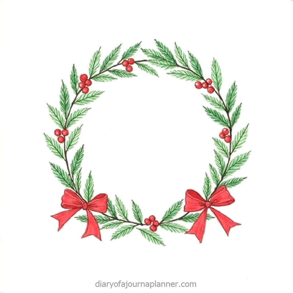 Festive Christmas wreath with green leaves, red berries, and bows on a white background. Perfect for holiday decor.