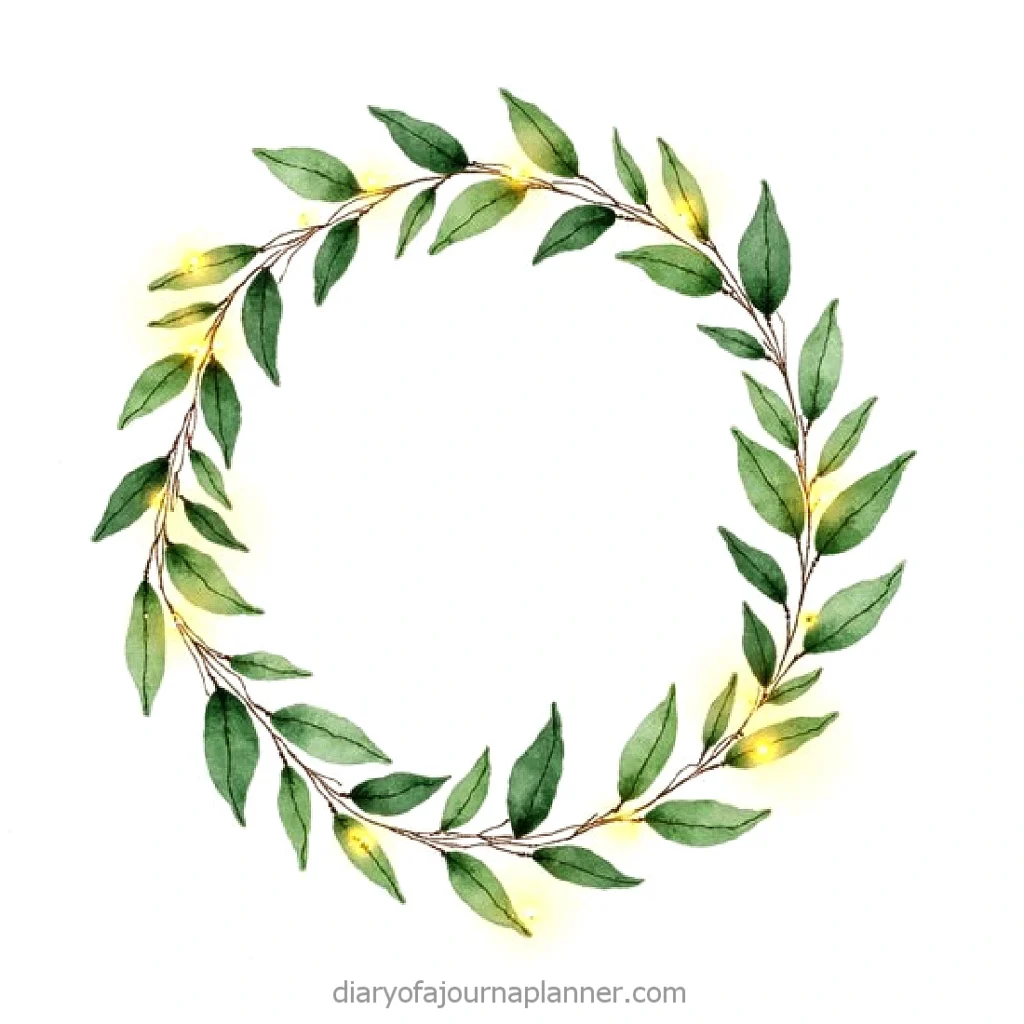 Elegant green leaf wreath with glowing fairy lights on a white background.