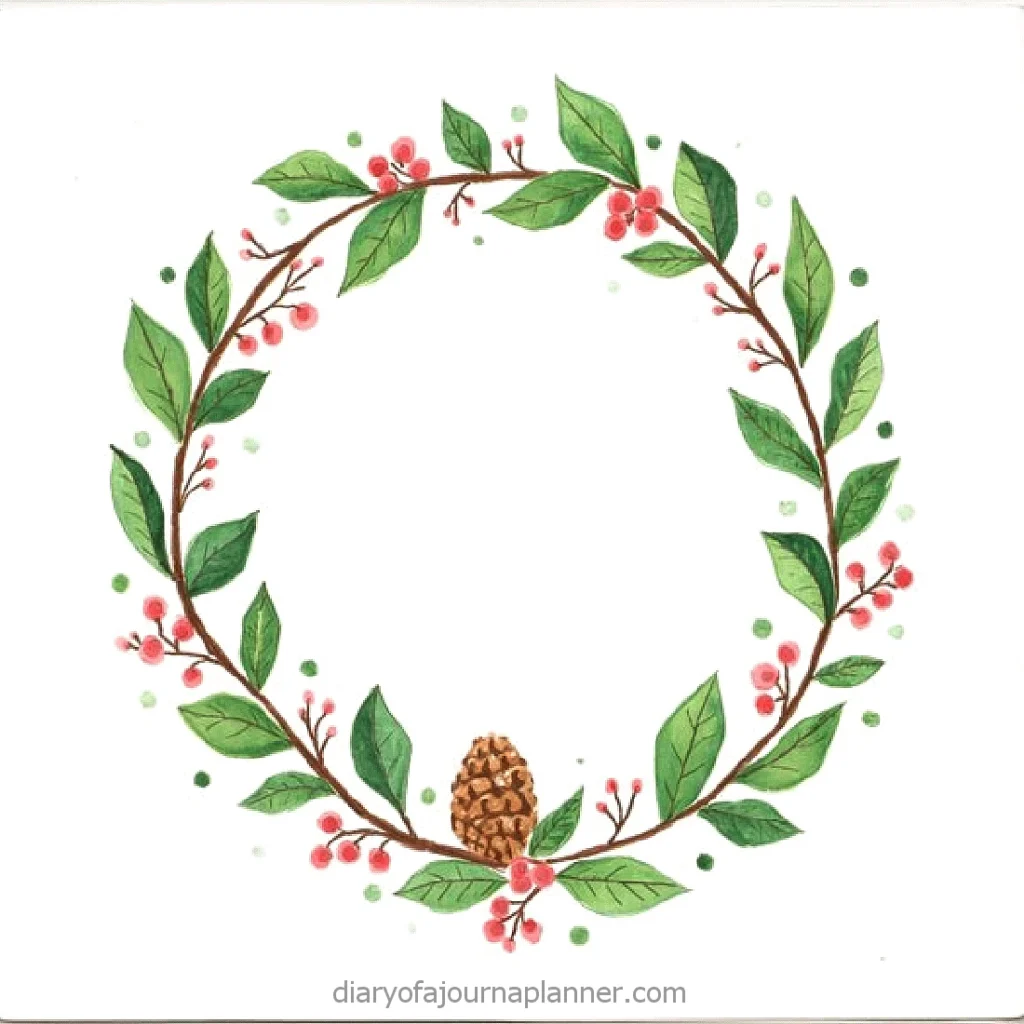 Watercolor wreath with green leaves, red berries, and a pinecone, perfect for holiday or nature-inspired designs.