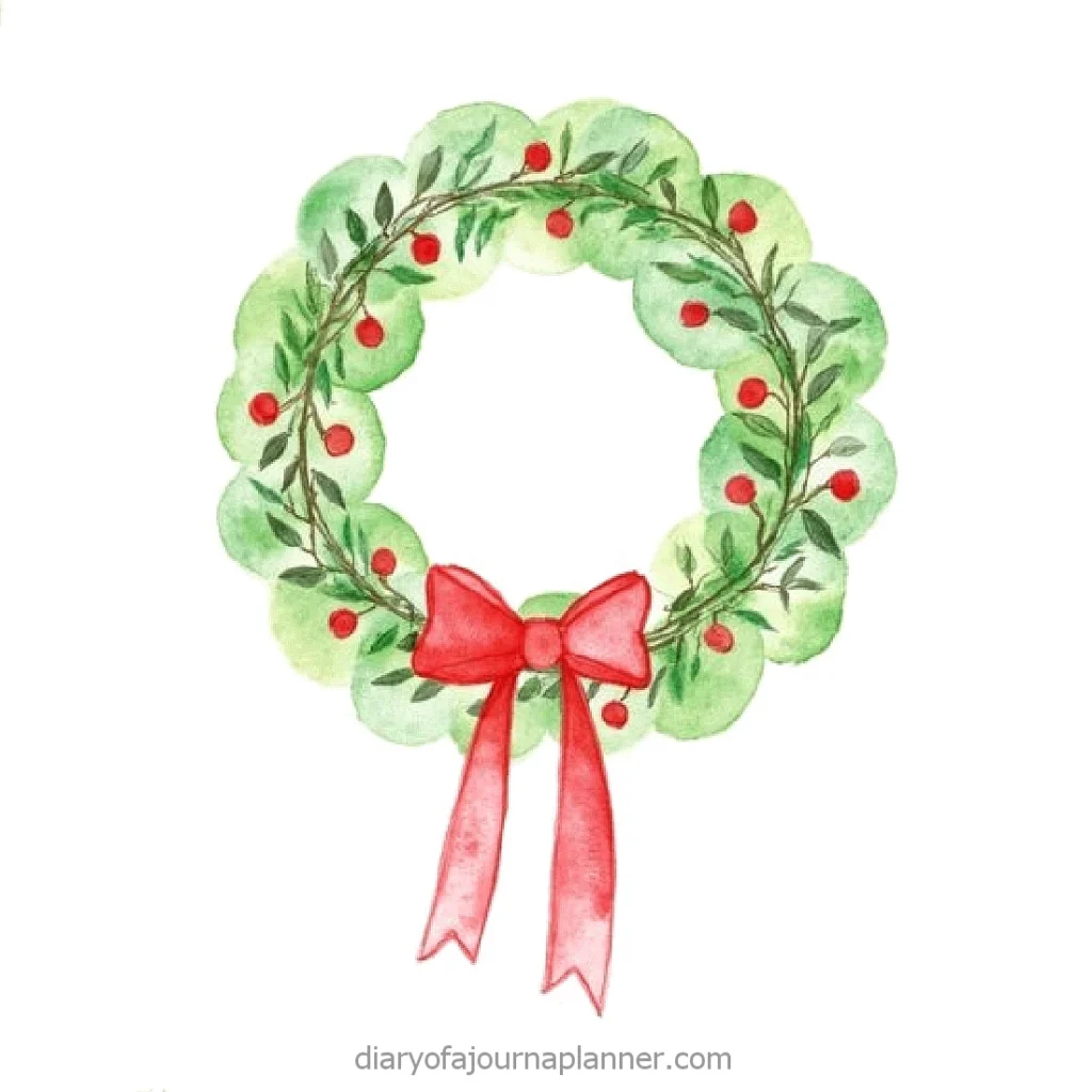 Watercolor Christmas wreath with red berries and ribbon, ideal for holiday decorations or festive designs.