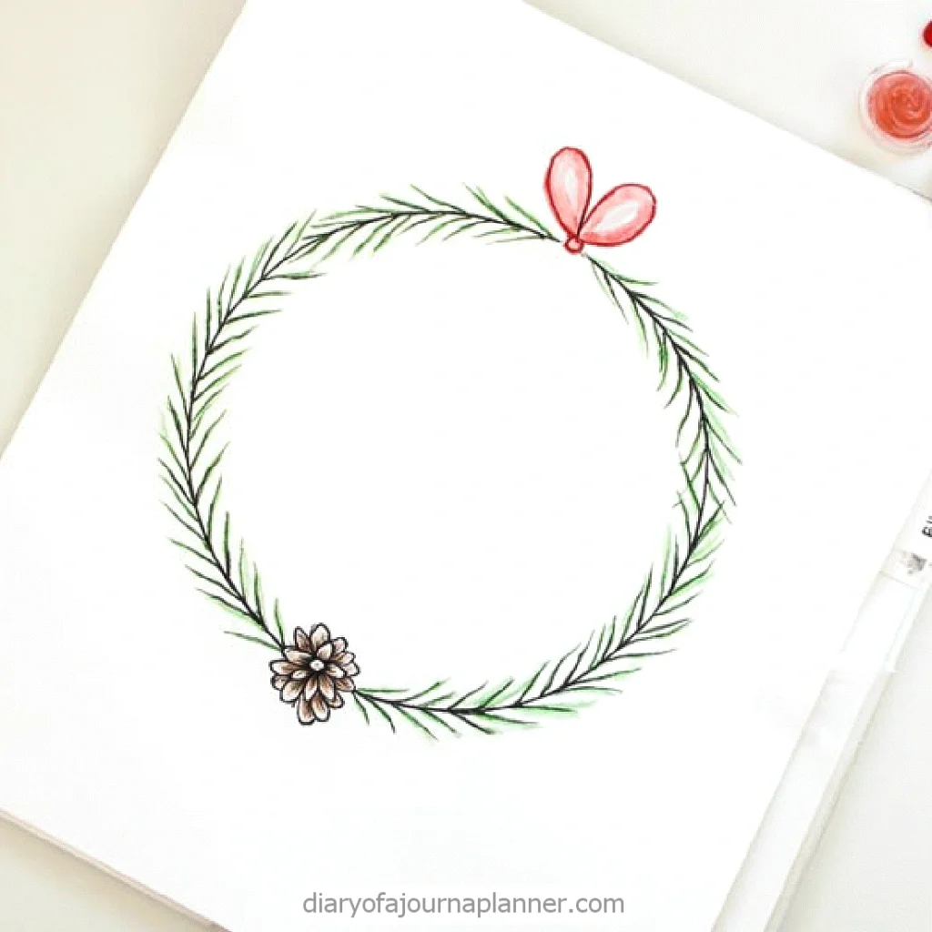 Hand-drawn wreath illustration with pine branches, flower, and pink bow, perfect for bullet journal decoration.