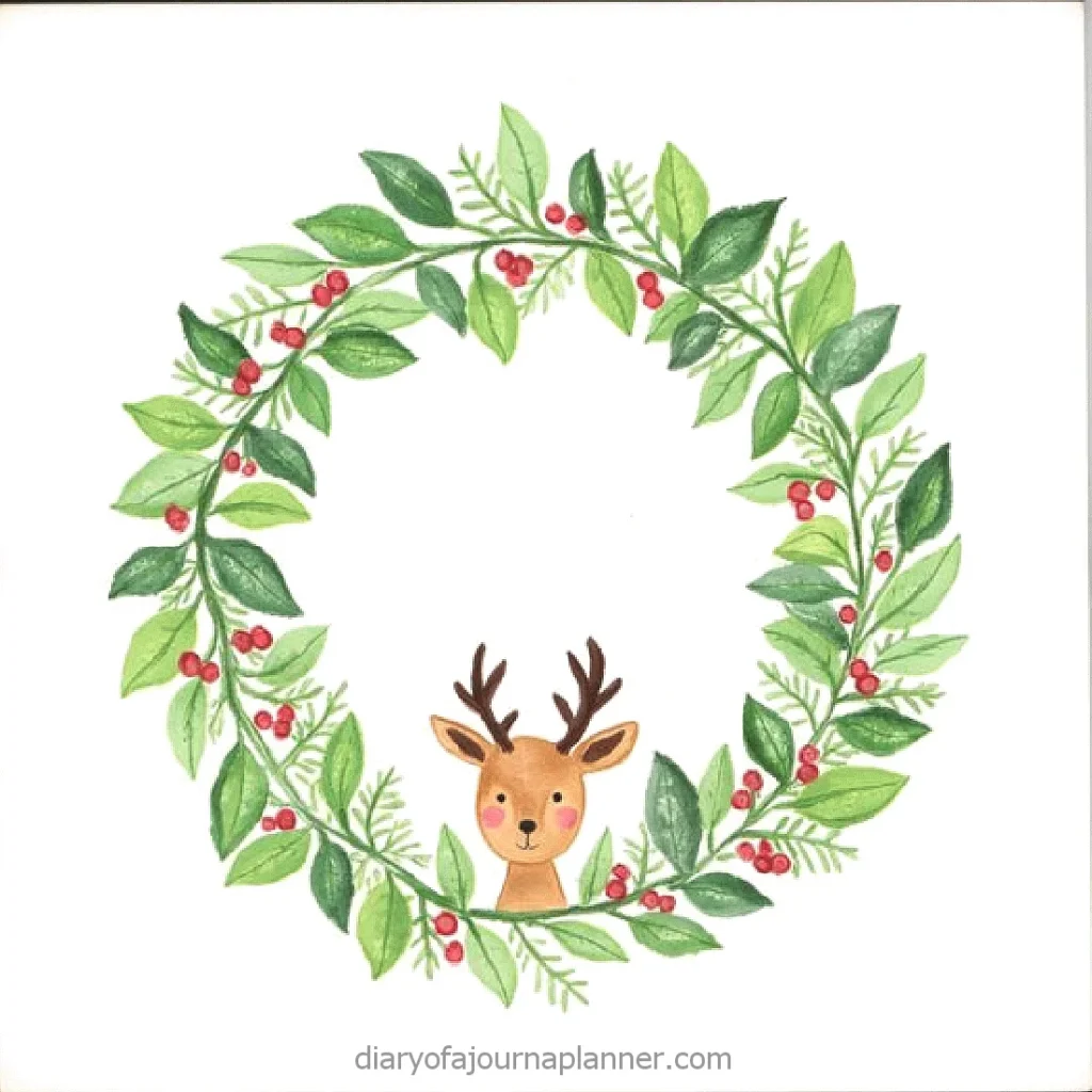 Festive wreath with green leaves, red berries, and a cute reindeer at the bottom center, perfect for holiday decoration.