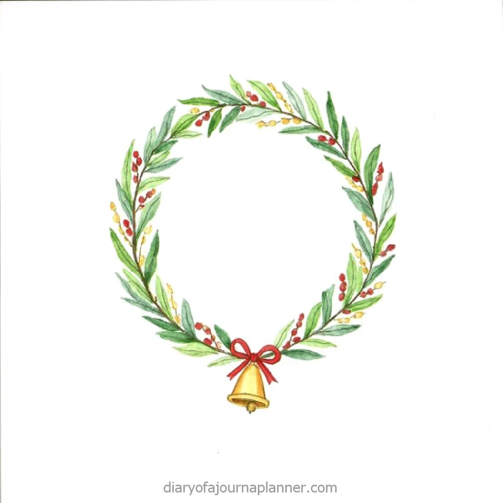 Festive wreath with green leaves, red berries, and a golden bell adorned with a red bow on a white background.