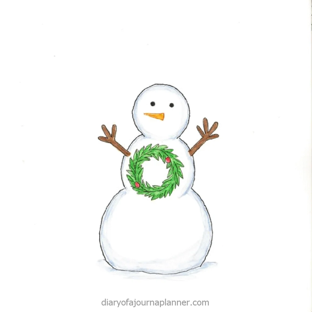 Cheerful snowman holding holiday wreath, arms outstretched, on a white background.