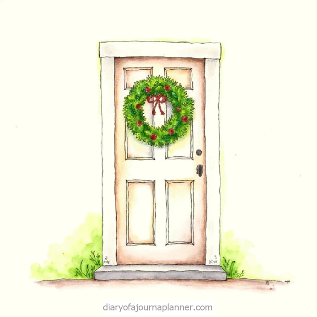 Illustrated closed door with a festive Christmas wreath, decorated with red ribbon and berries.