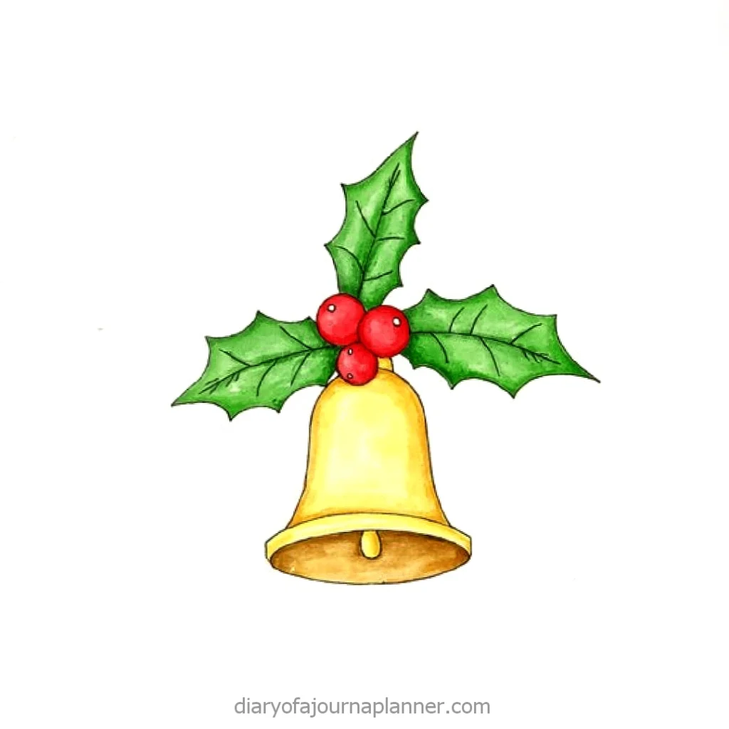 Golden Christmas bell with green holly leaves and red berries on a white background.