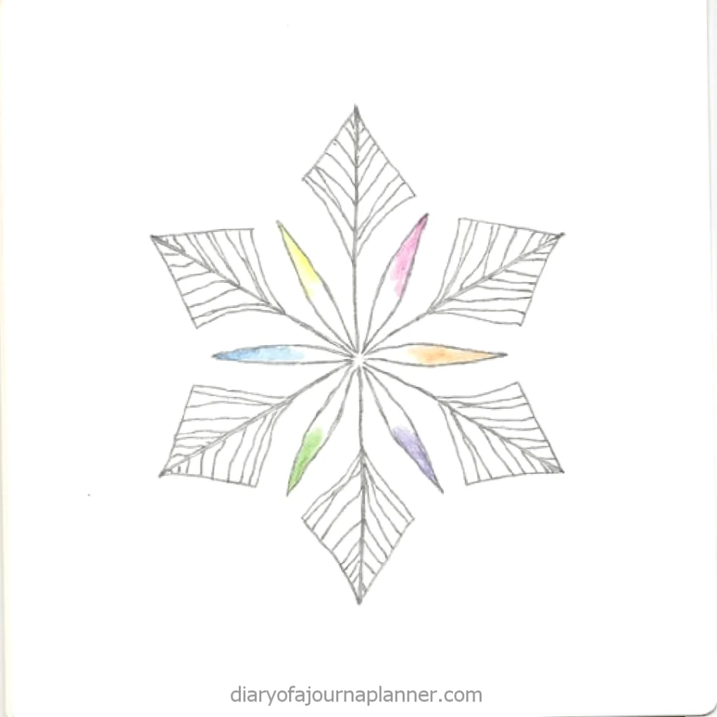 Geometric snowflake drawing with colorful accents on white background.