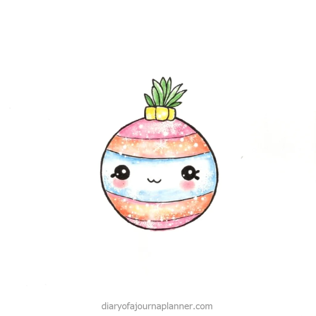 Cute kawaii illustration of a colorful striped Christmas ornament with a smiling face and sparkles.