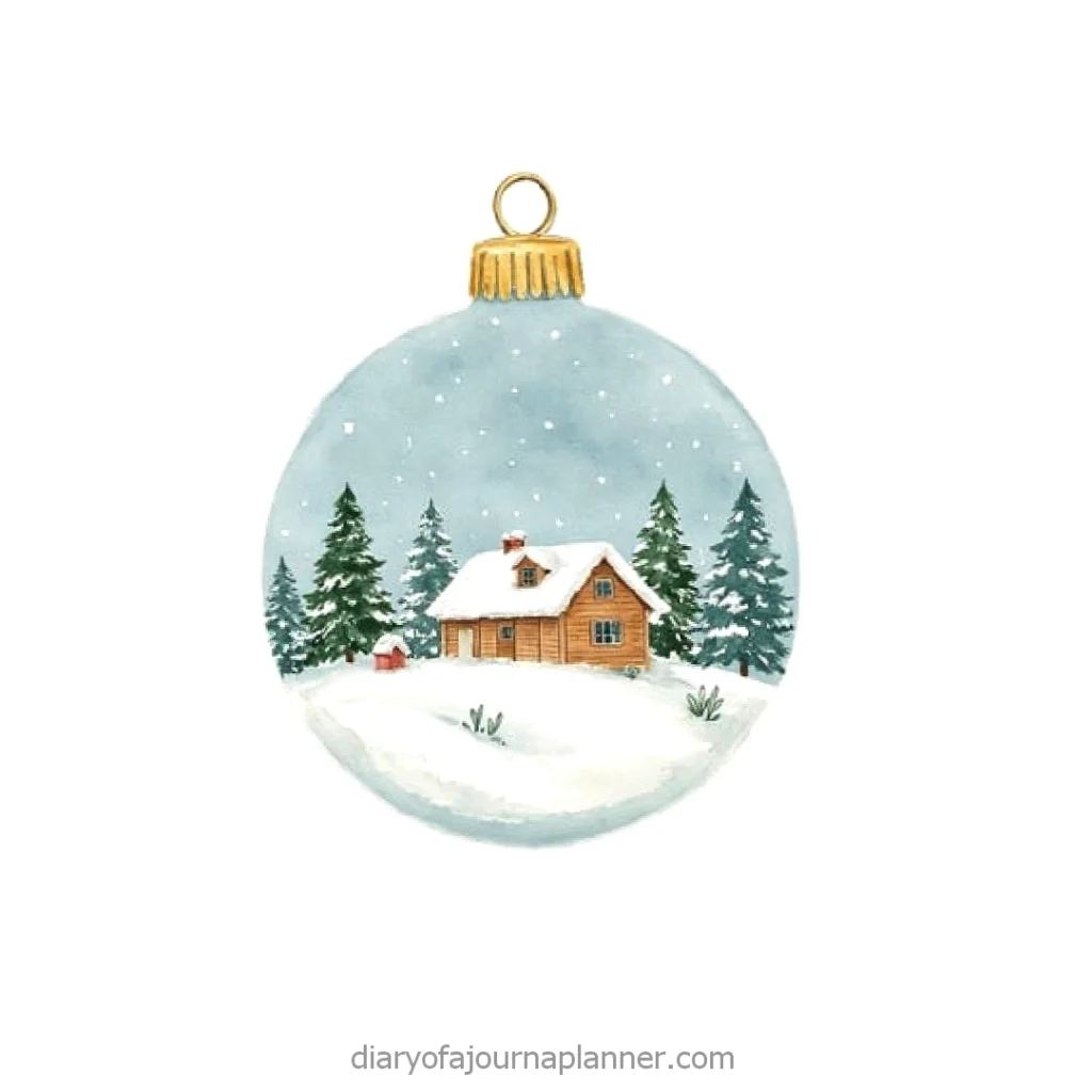 Christmas ornament with cozy cabin in snowy forest scene, capturing a peaceful winter wonderland.
