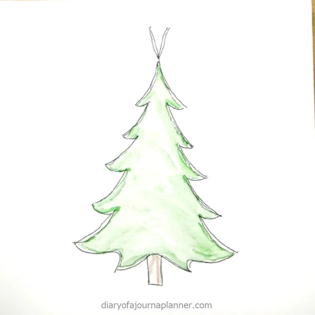 Watercolor sketch of a green Christmas tree on a white background, simple and festive design.