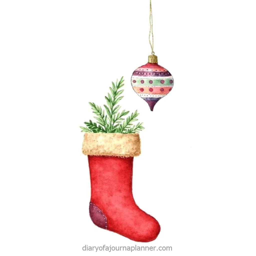 Christmas stocking with greenery and decorative bauble ornament, festive holiday illustration.