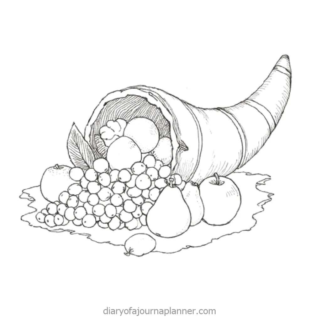 Line drawing of a cornucopia overflowing with fruits like grapes, apples, and pears, symbolizing abundance.