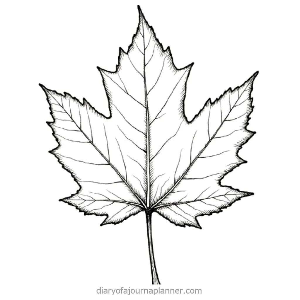 Detailed black and white illustration of a maple leaf.