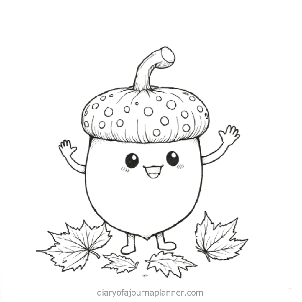 Cute cartoon acorn with a smiling face, raising arms, surrounded by autumn leaves.