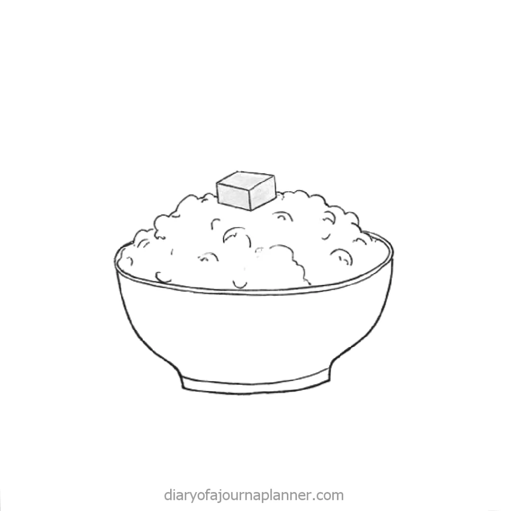 Illustration of a bowl of rice topped with a butter cube, perfect for recipe or culinary blog use.