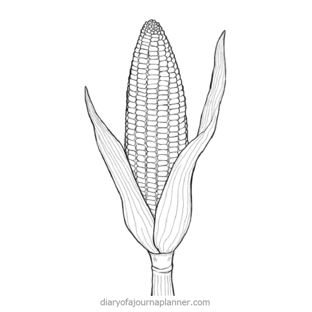 Black and white illustration of an ear of corn with husks partially peeled back.