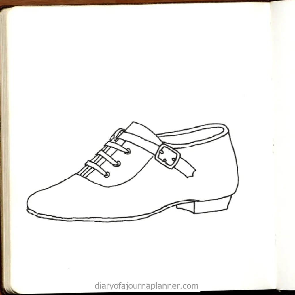 Drawing of a vintage shoe with laces and a buckle on a journal page. Perfect for classic fashion enthusiasts.