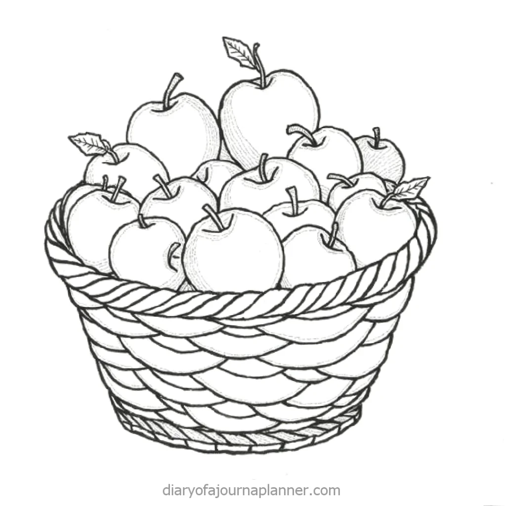Illustrated basket filled with apples, featuring detailed line art, perfect for coloring enthusiasts and nature-themed designs.