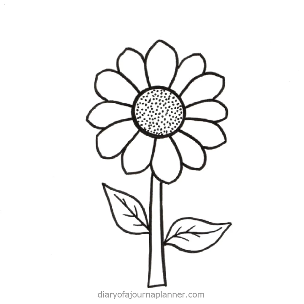 Black and white sunflower drawing with detailed petals and leaves. Perfect for coloring pages or art projects.