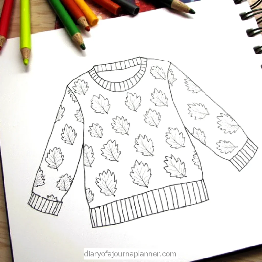 Hand-drawn sweater sketch with leaf pattern and colored pencils on notebook. Autumn fashion illustration.
