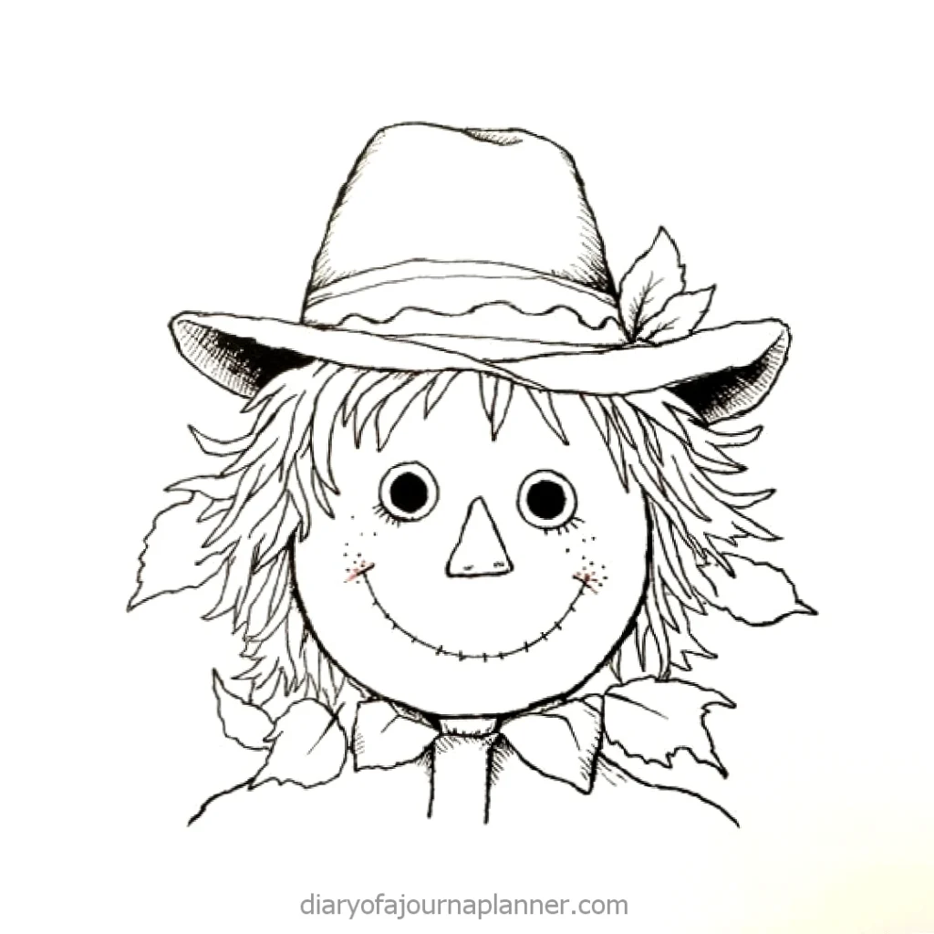 Black and white drawing of a happy scarecrow with a hat and leaves.