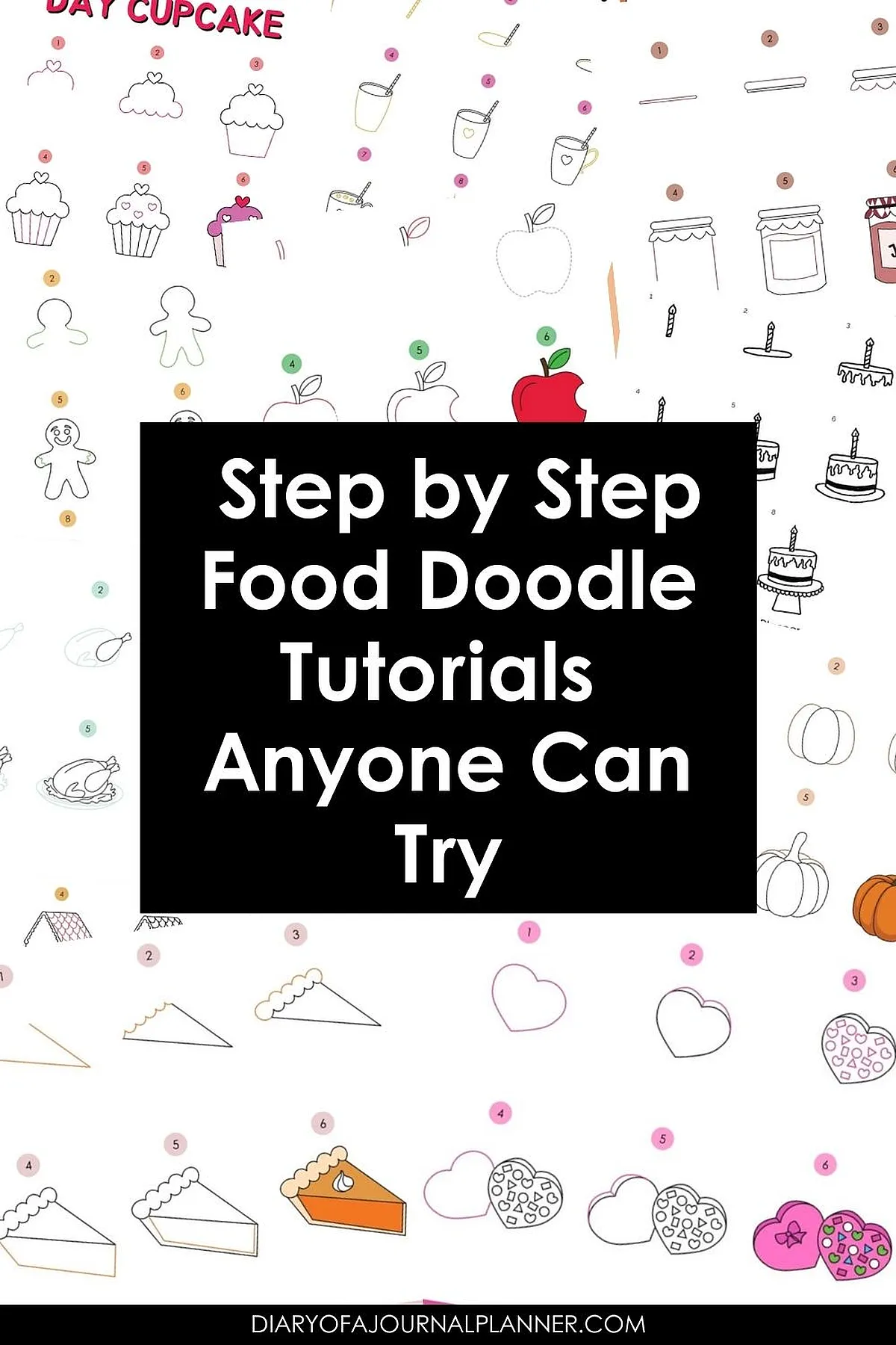 Step-by-step food doodle tutorials with easy drawing guides on colorful background.
