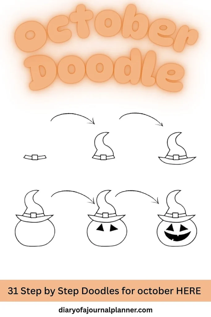 Step-by-step pumpkin doodle guide for October with witch hat illustration - creative journaling ideas.