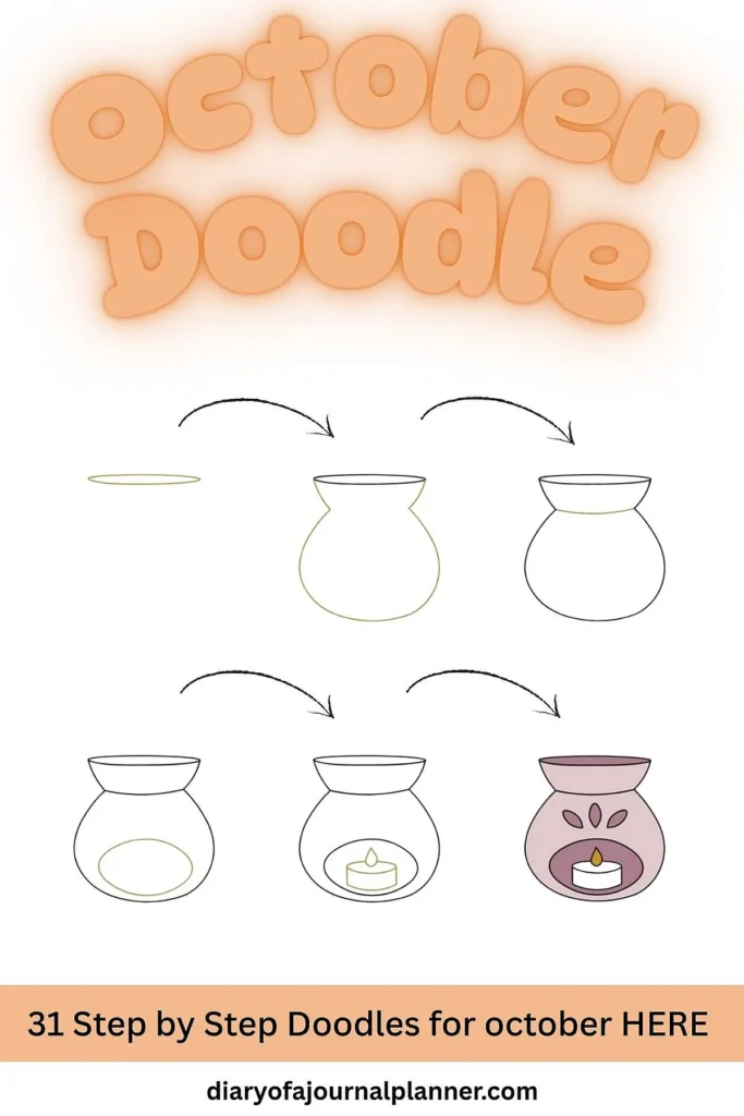 Step-by-step doodle tutorial for October crafts with a candle holder drawing. Perfect for journaling ideas.