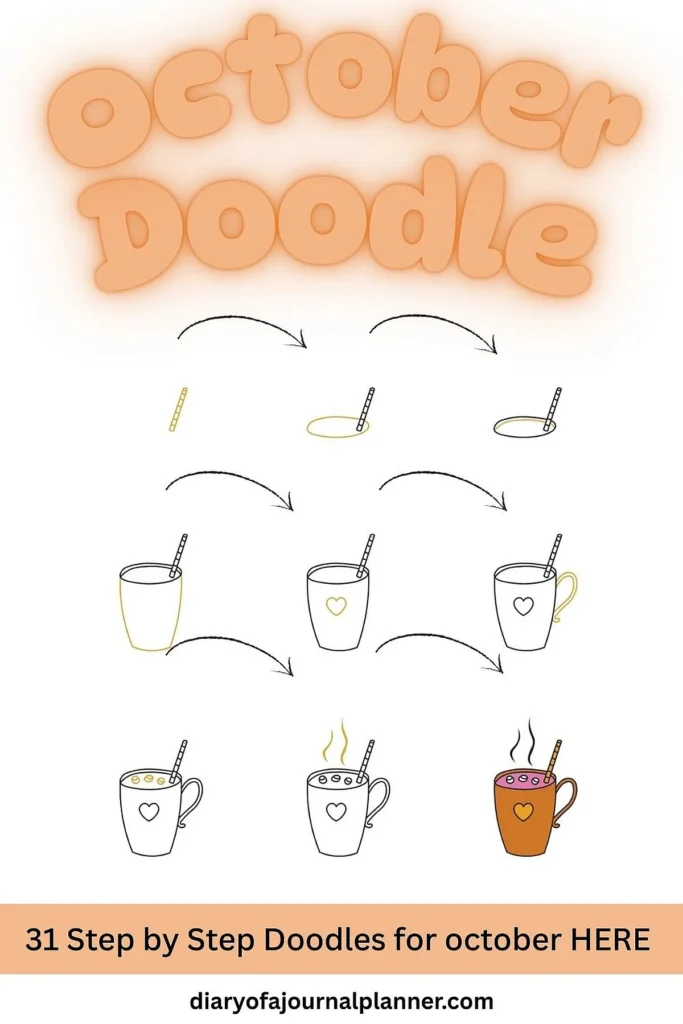 Step-by-step doodling guide for drawing a hot drink, perfect for October journal themes.