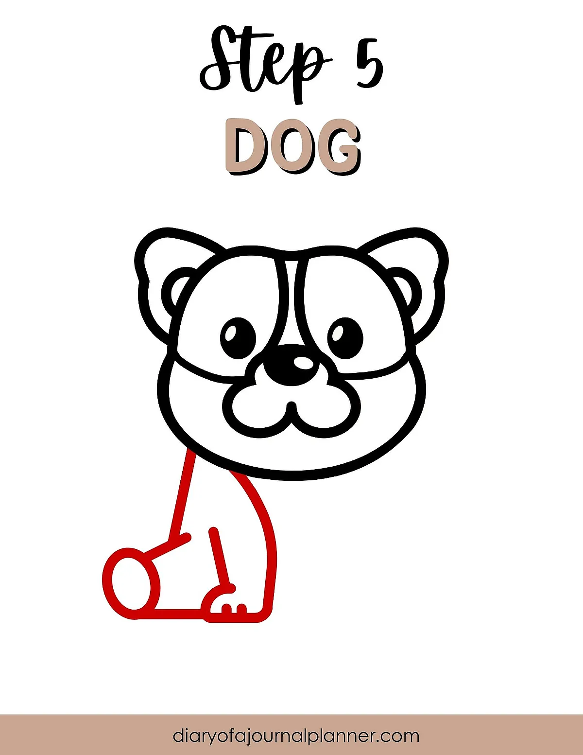 Step 5 of drawing a dog: Guide showing outlined dog face and partially drawn body.