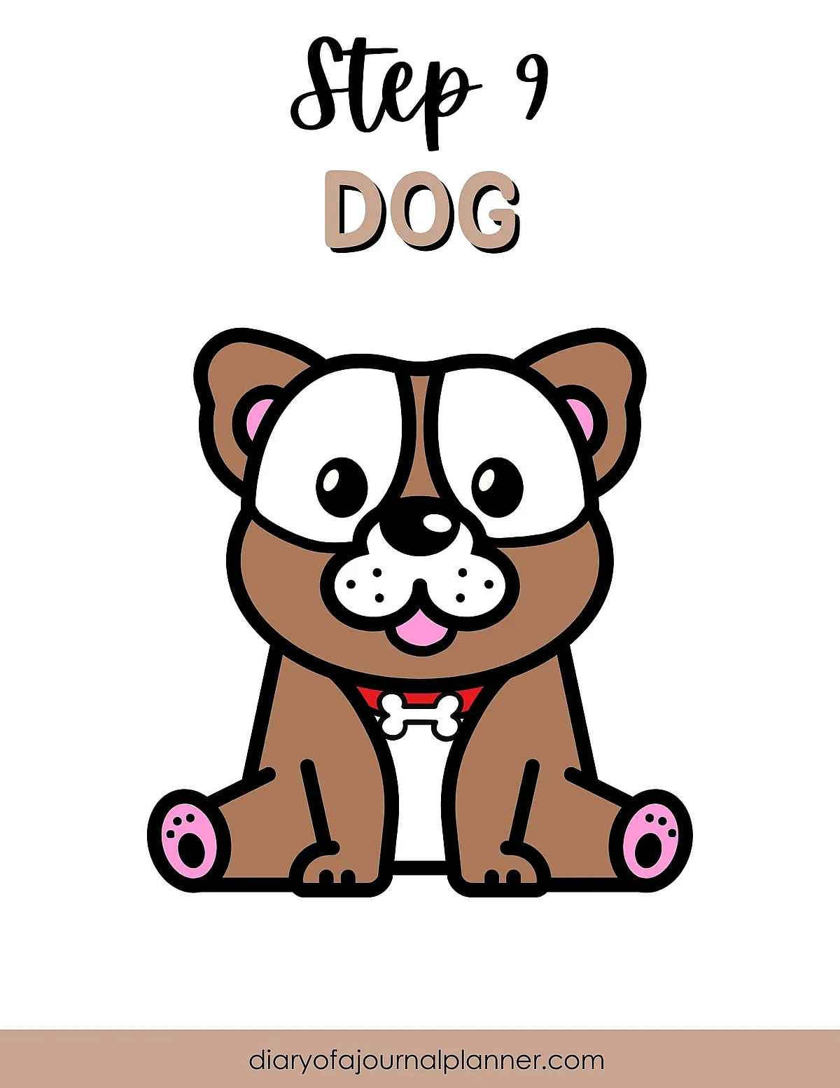 Cartoon drawing of a cute brown dog with big eyes, part of a step-by-step guide (Step 9).