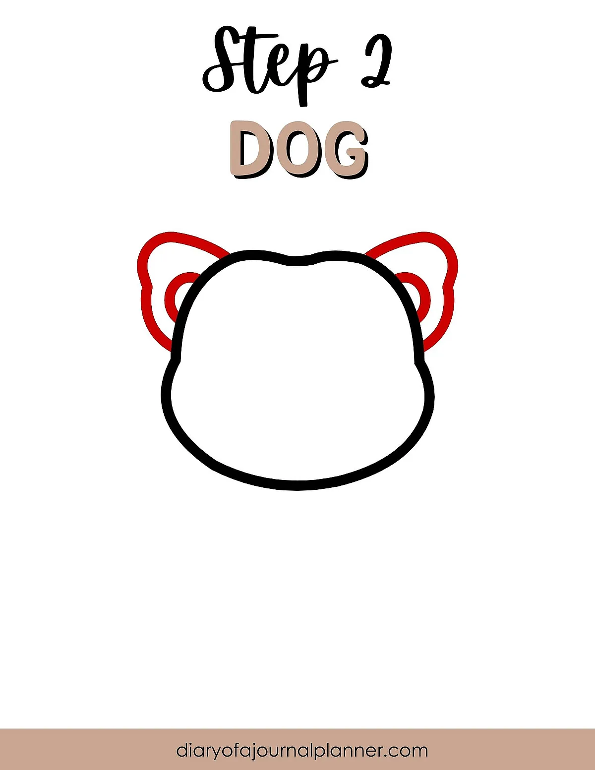 Step 2 drawing guide for a simple dog face outline with ears.