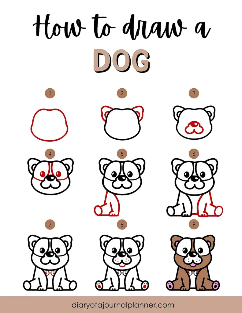 Step-by-step guide to drawing a cute cartoon dog. Easy drawing tutorial for kids and beginners.